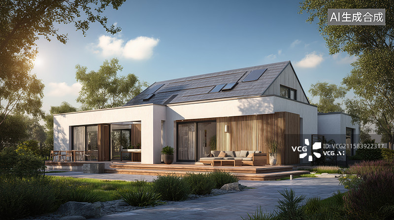 【AI数字艺术】现代别墅配备太阳能板图片素材