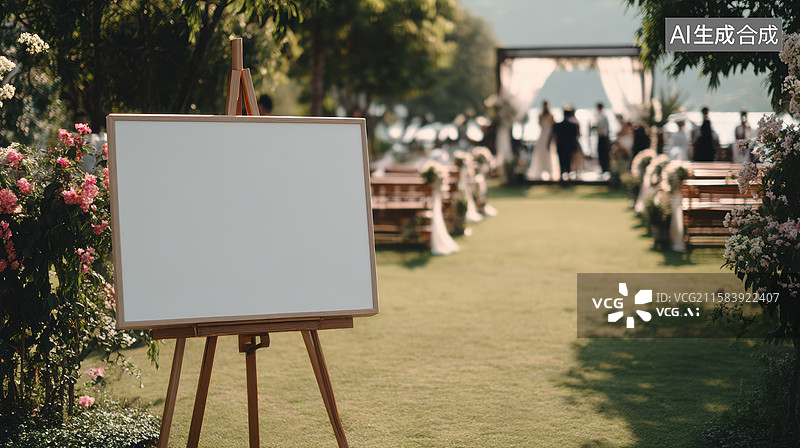 【AI数字艺术】户外婚礼现场与空白指示牌图片素材