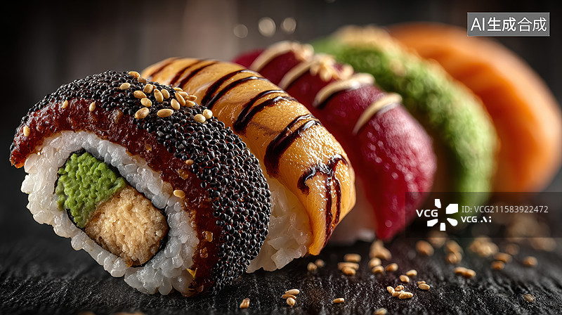 【AI数字艺术】精致寿司拼盘，色彩丰富图片素材