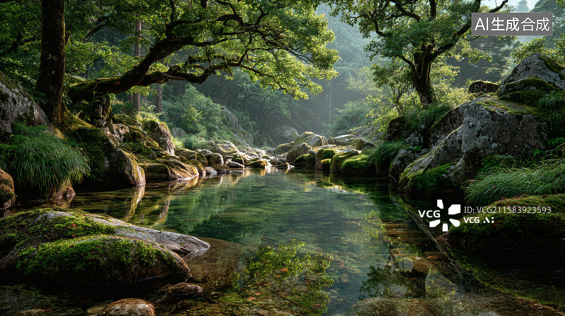 【AI数字艺术】树林中的一条小溪，清澈见底图片素材