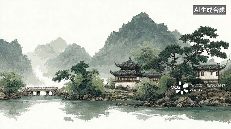 【AI数字艺术】传统山水画，远处的山峰，岸边的古代建筑在水面形成的倒影图片素材
