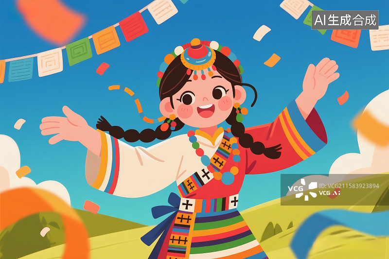 【AI数字艺术】藏族少女穿着传统服饰在草原上开心的跳舞图片素材