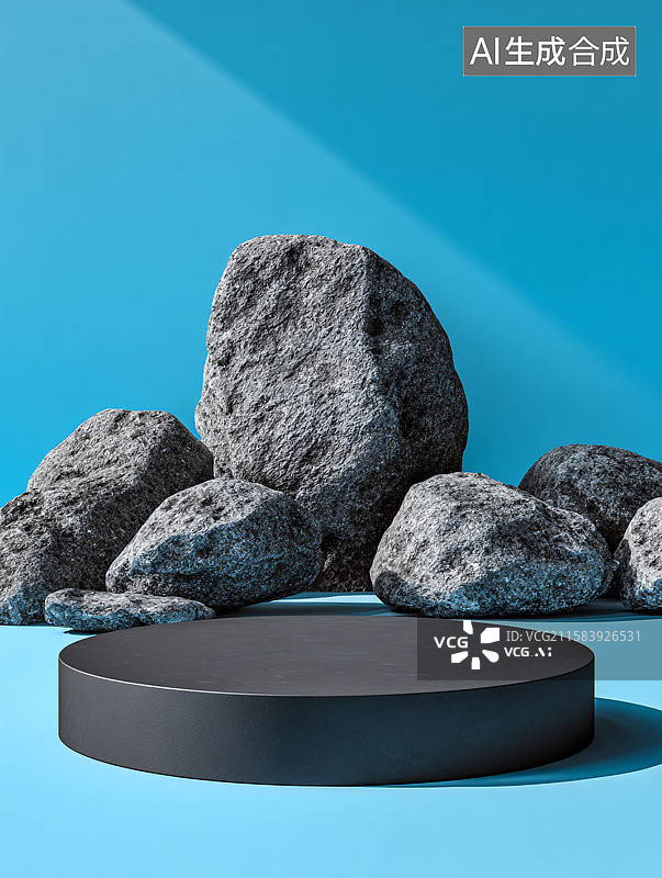 【AI数字艺术】蓝色背景下的石头展台图片素材
