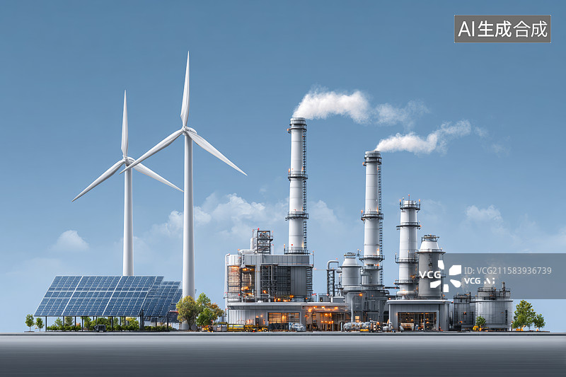 【AI数字艺术】一座配备风力发电机、太阳能电池板和淡蓝色背景的现代化工厂图片素材