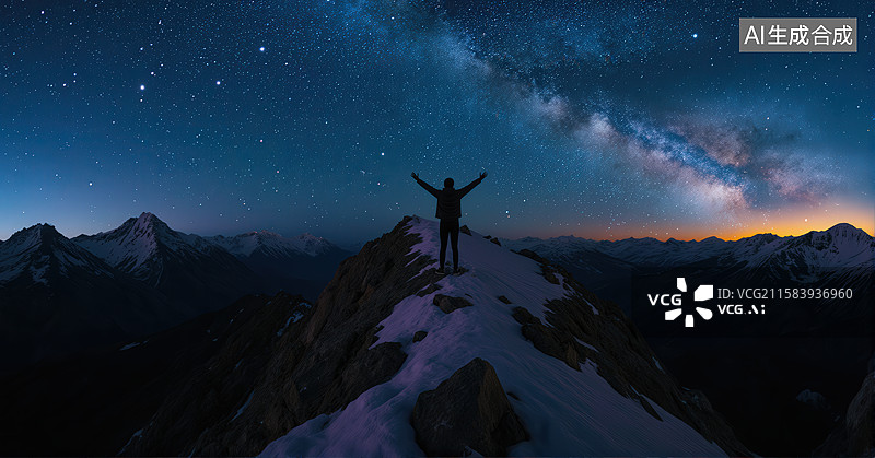 【AI数字艺术】山顶之人仰望星空图片素材