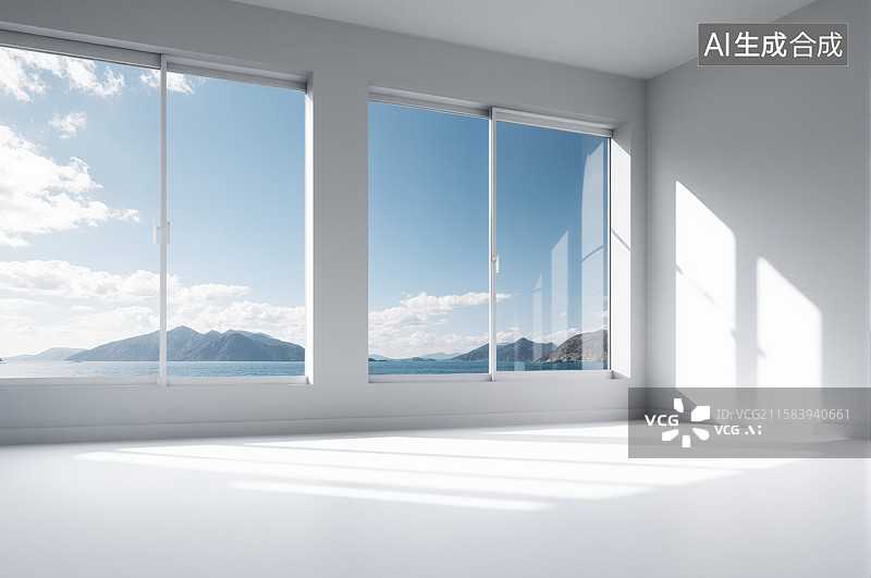 【AI数字艺术】明亮空旷的房间，窗外风景如画图片素材