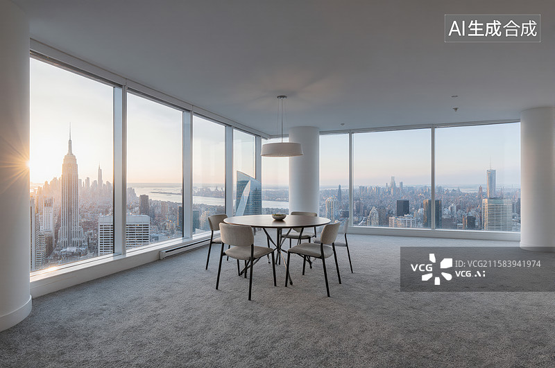 【AI数字艺术】现代高层公寓的宽敞客厅与城市景观图片素材