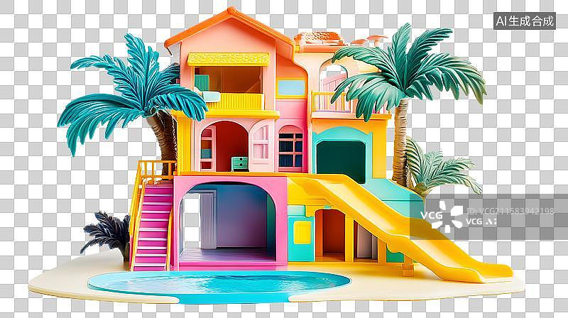 【AI数字艺术】3D夏日度假别墅，内置滑梯游泳池图片素材