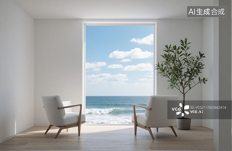 【AI数字艺术】现代简约室内，海景窗前双椅图片素材