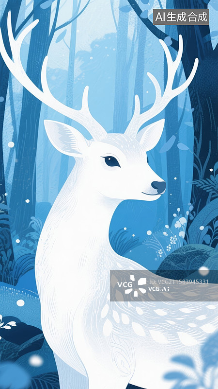 【AI数字艺术】雪中白鹿森林图片素材