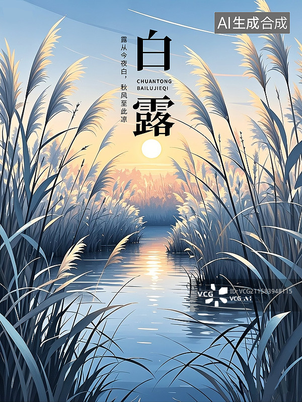 【AI数字艺术】二十四节气插画海报模版-秋天  湿地公园的摇曳的芦苇荡  落日风景插画 绘本封面配图 竖版图片素材