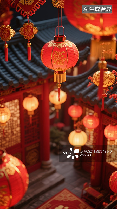 【AI数字艺术】红灯笼高挂夜景图片素材