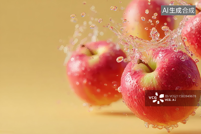 【AI数字艺术】黄色背景，沾着水珠的红苹果，左边留白图片素材