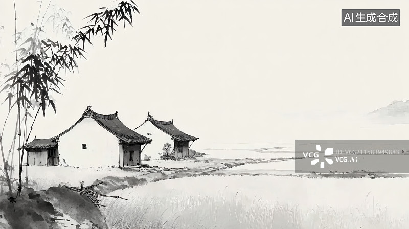【AI数字艺术】传统水墨画，稻田边的几间房屋，一幅美丽的田园风光图片素材