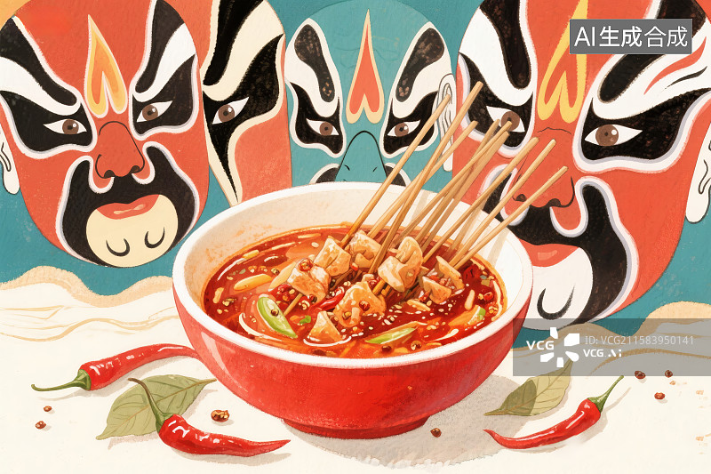 【AI数字艺术】四川变脸脸谱为背景，桌面上的一碗串串香美食插画图片素材