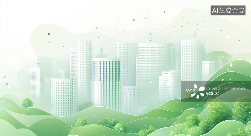 【AI数字艺术】绿色背景城市建筑轮廓图，绿色城市天际线商务背景图片素材