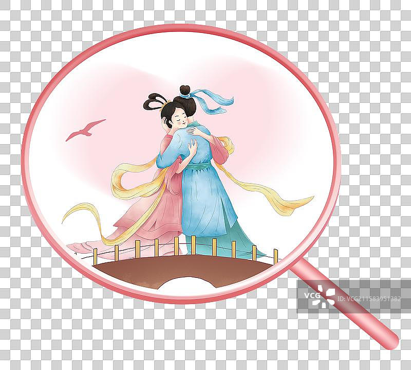 七夕牛郎织女鹊桥相会 浪漫场景 古代神话浪漫色彩相会场景 国风插画 粉色团扇扇面元素图片素材