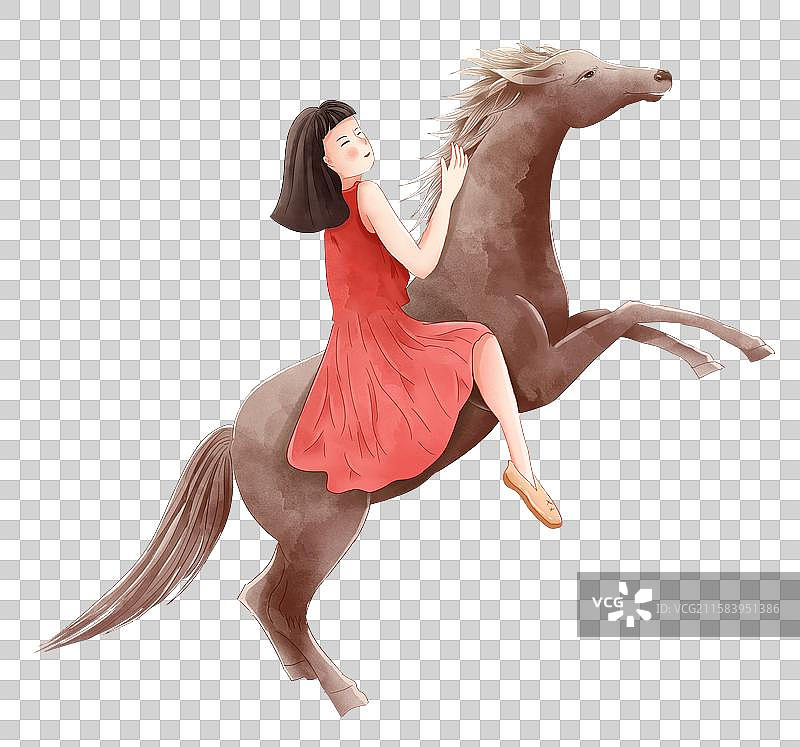 2026年马年插画 女孩骑着棕色的马元素图片素材