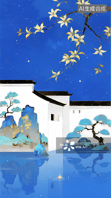 【AI数字艺术】清冷中式建筑园林庭院芝兰玉树图片素材
