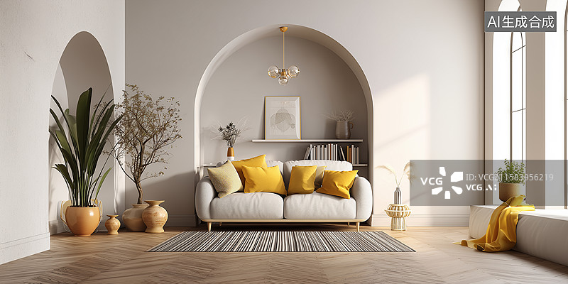 【AI数字艺术】简约客厅拱形壁龛设计图片素材
