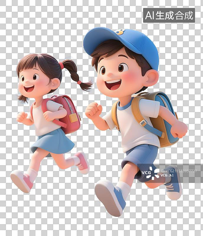 【AI数字艺术】3D两个背着书包跑步的学生免抠元素图片素材