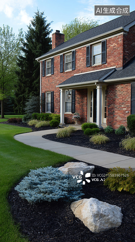 【AI数字艺术】砖砌房屋前的精致花园与小径图片素材