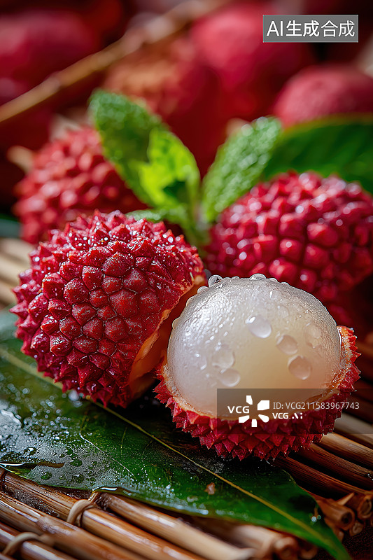 【AI数字艺术】新鲜荔枝，一颗剥开露出果肉图片素材