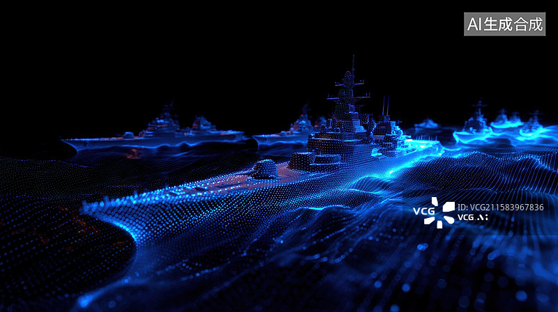 【AI数字艺术】数字化战舰在虚拟海面上航行图片素材