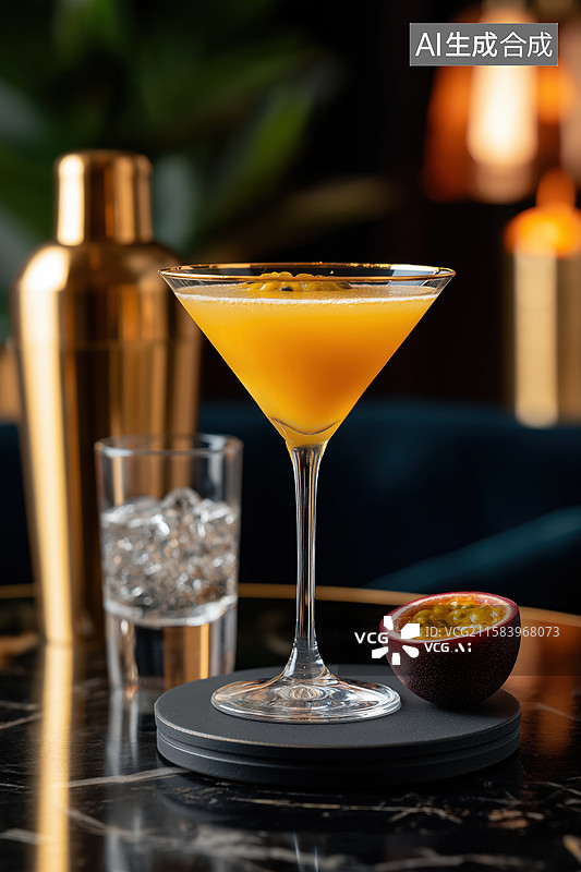 【AI数字艺术】金色鸡尾酒配百香果装饰图片素材