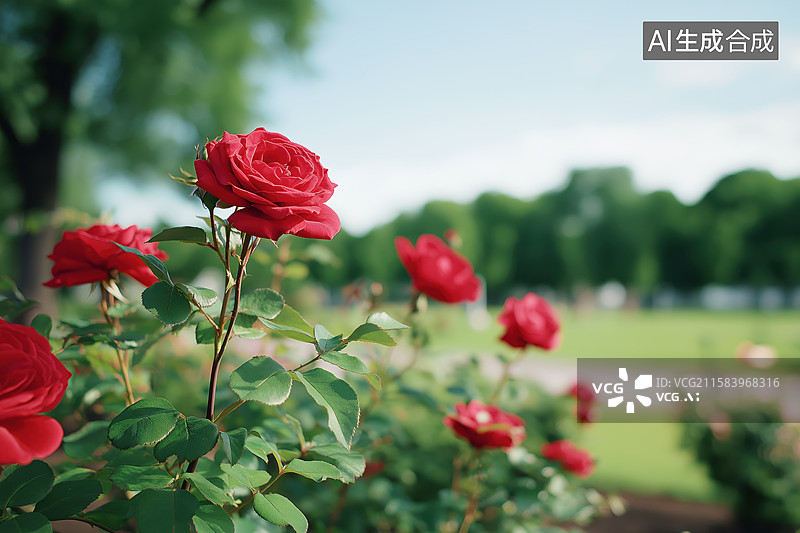 【AI数字艺术】公园里的红色玫瑰在阳光下绽放图片素材