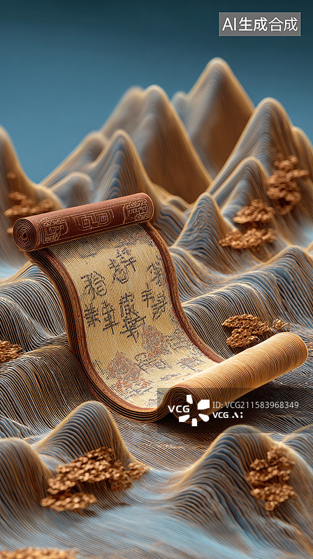 【AI数字艺术】古卷轴在山峦间展开图片素材