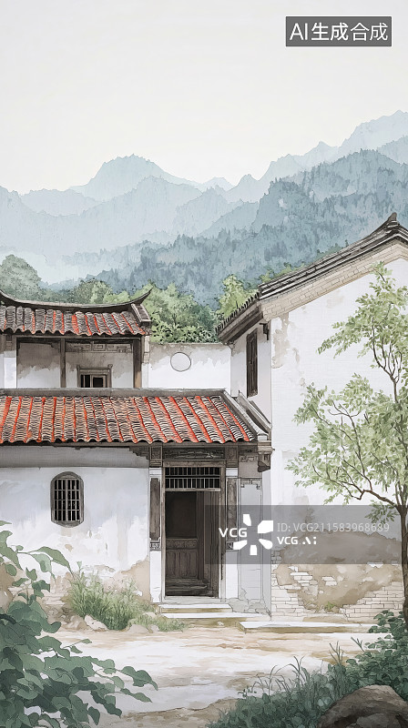 【AI数字艺术】鸟瞰视角下宁静夏季徽派建筑村落风景图片素材