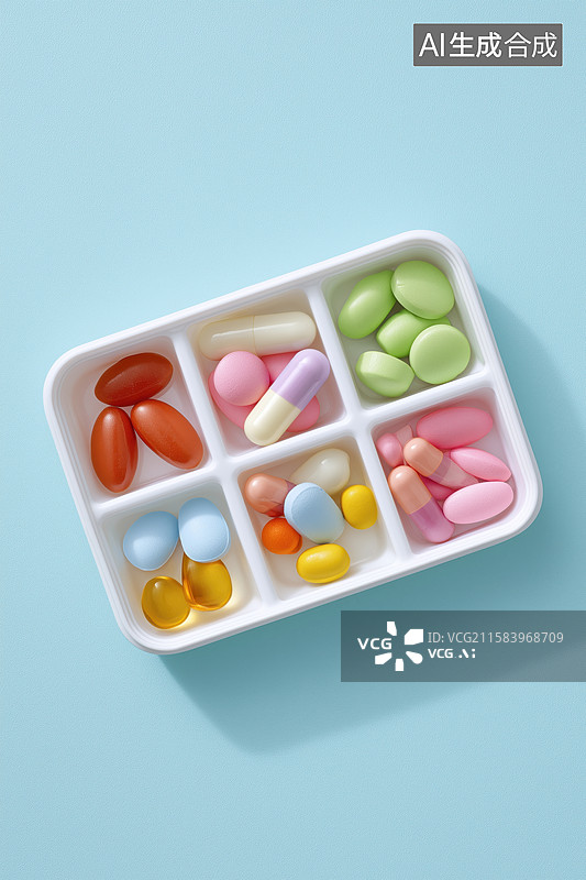 【AI数字艺术】彩色药丸分类放置于白色隔间盒中图片素材