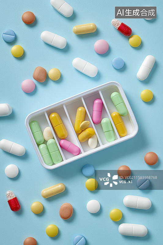 【AI数字艺术】药盒与彩色药丸的排列图片素材