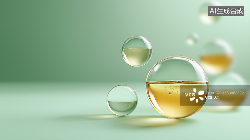 【AI数字艺术】透明气泡悬浮于柔和绿色背景图片素材