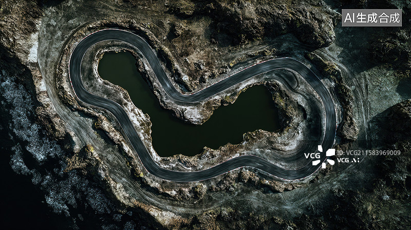 【AI数字艺术】蜿蜒山路与河流的俯瞰图图片素材