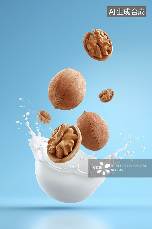 【AI数字艺术】核桃落入牛奶溅起水花图片素材
