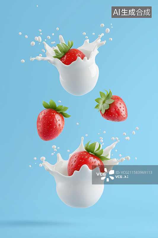 【AI数字艺术】草莓落入牛奶溅起瞬间图片素材