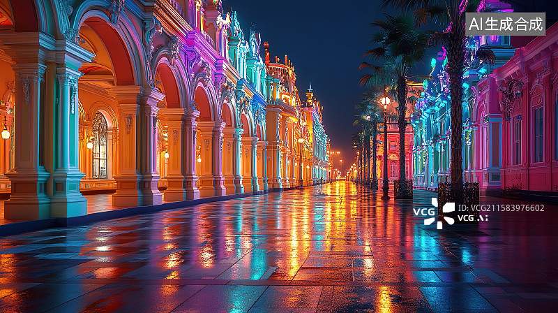 【AI数字艺术】夜晚彩色灯光下城市文化艺术中心的场馆建筑道路背景图片素材
