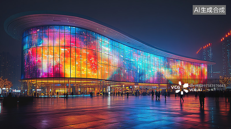 【AI数字艺术】夜晚彩色灯光下城市文化艺术中心的场馆建筑道路背景图片素材