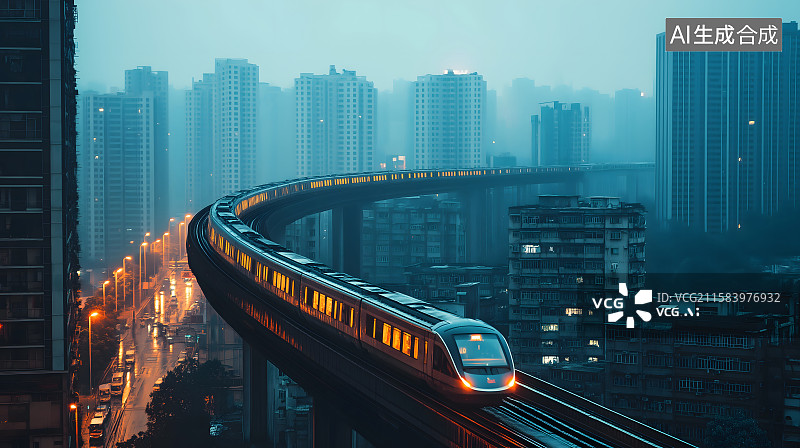 【AI数字艺术】黄昏在高楼大厦间飞驰的火车图片素材
