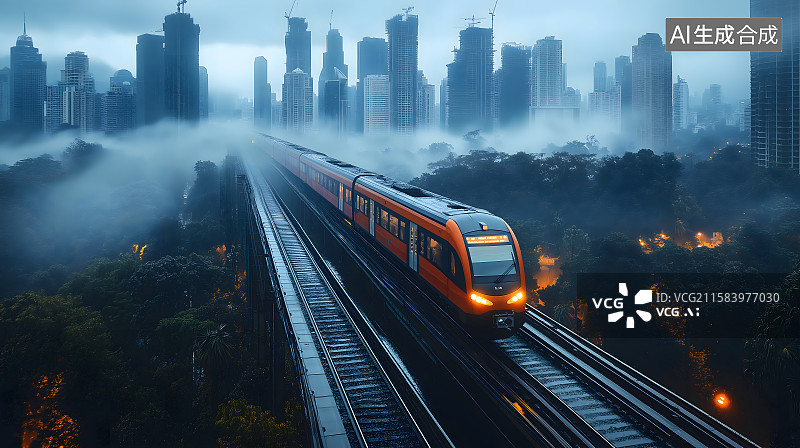 【AI数字艺术】黄昏在高楼大厦间飞驰的火车图片素材