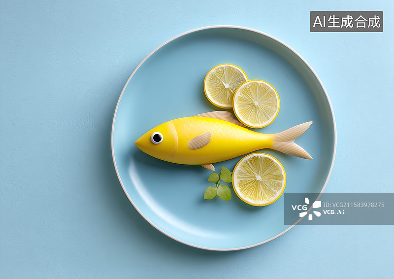 【AI数字艺术】一盘卡通柠檬鱼图片素材