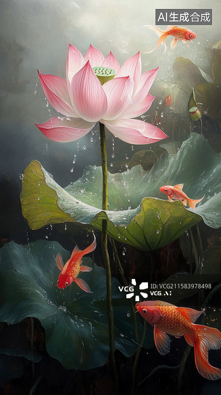 【AI数字艺术】荷塘中盛开的粉莲花与金鱼图片素材