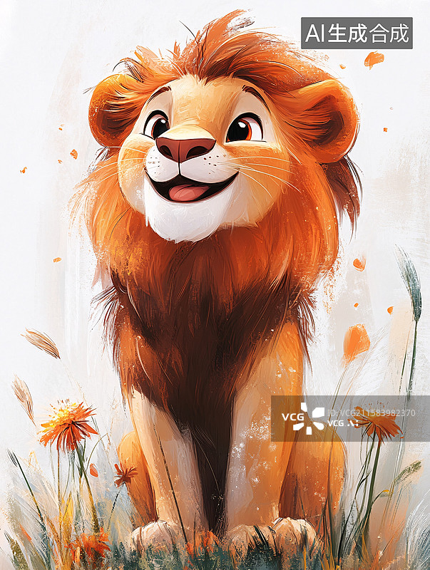 【AI数字艺术】可爱插画狮子于花草间图片素材