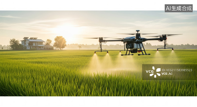 【AI数字艺术】无人机在夕阳下为绿色稻田喷洒农药图片素材