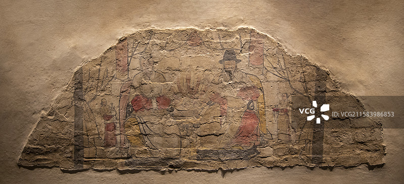 河南省洛阳古墓博物馆“古墓壁画大观”展：夫妇并坐壁画（元代，2017年出土于南阳桐柏县平氏镇元代墓）图片素材