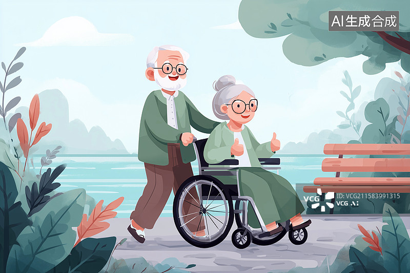 【AI数字艺术】公园里推着轮椅的老年夫妇图片素材