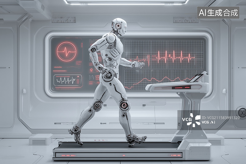 【AI数字艺术】未来科技感机器人在跑步机上锻炼图片素材