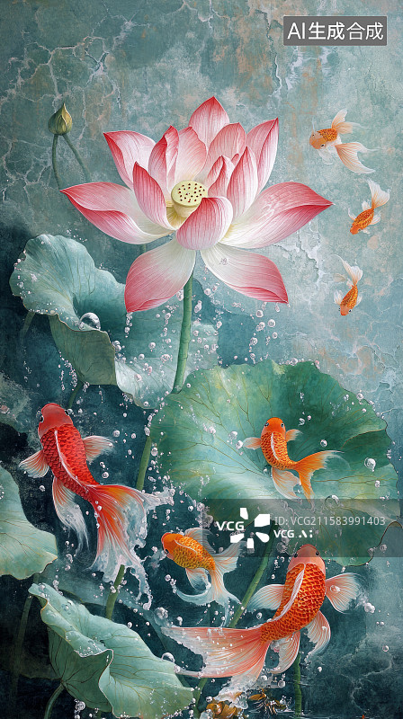 【AI数字艺术】绽放的粉莲花与金色锦鲤图图片素材
